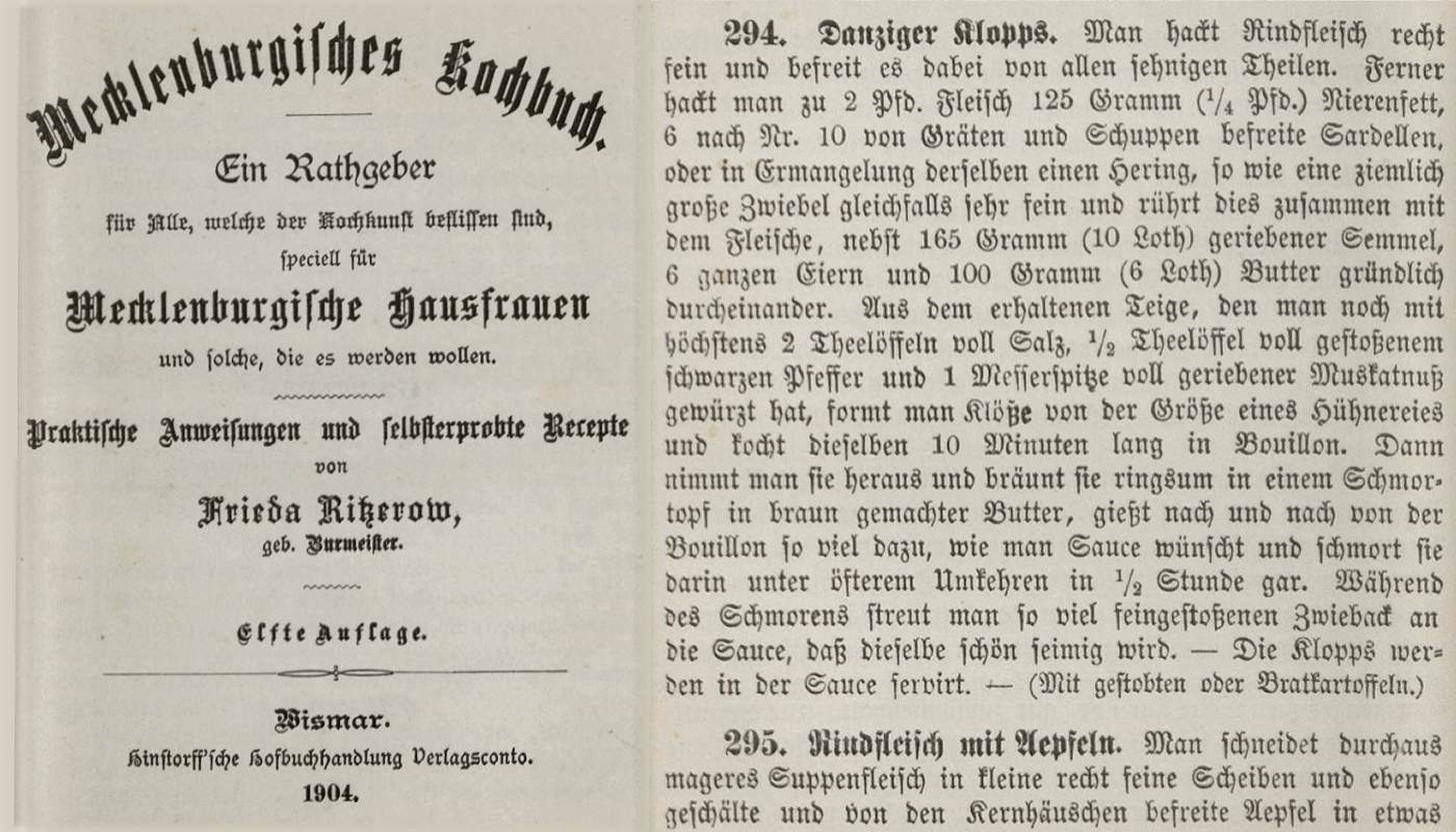 Danziger Klopse Rezept im Mecklenburgischen Kochbuch von 1904